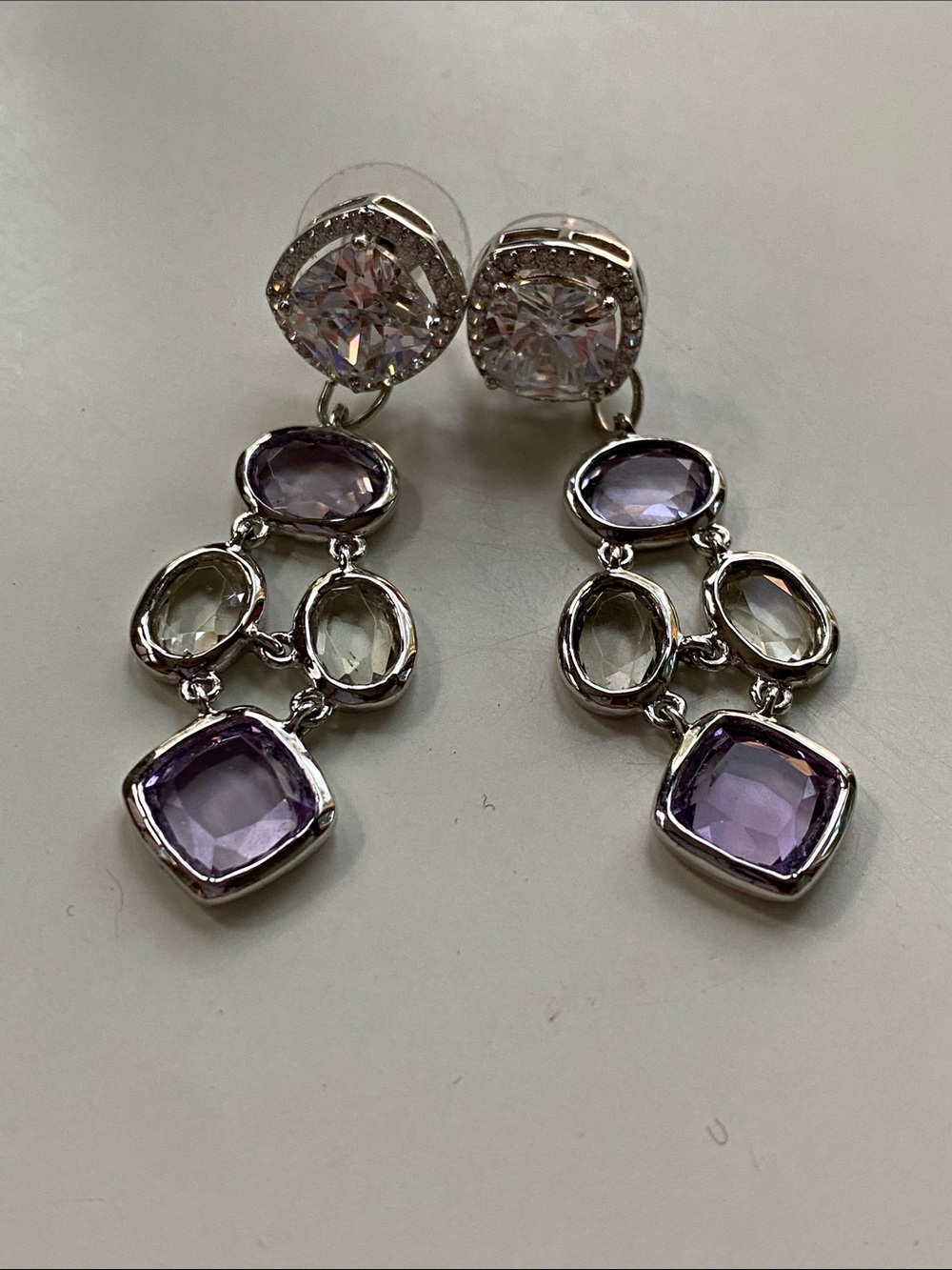 Silver 925 Purple & Clear Multi-Crystal Drop Earrings
